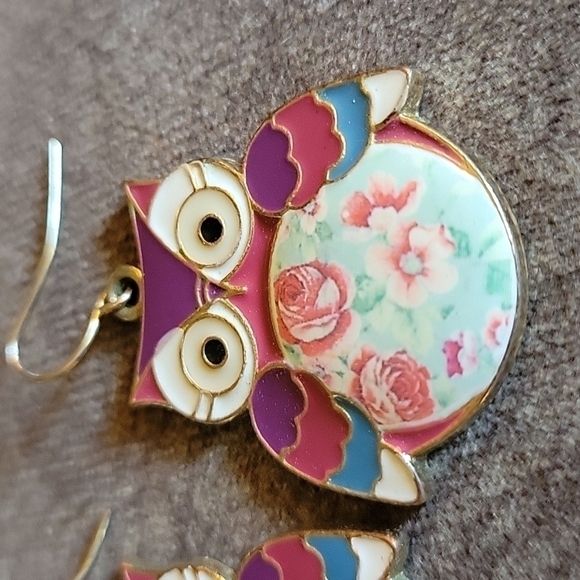 3/$30 Metal Enamel Floral Rose Owl Dangle Earrings - Picture 2 of 5